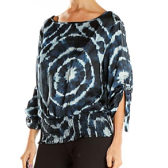 MICHAEL MICHAEL KORS Navy Blue Tie Dye Satin 3/4 Sleeve Roll Tab Blouse PETITE S - Picture 3 of 13